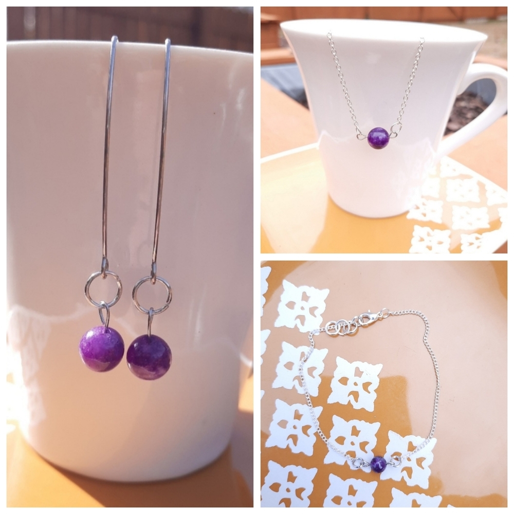 Amethyst Stone Bracelet, Necklace, & Earring Bundle